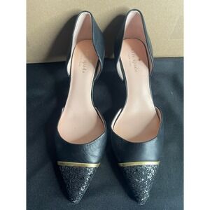 Kate‎ Spade Black Leather d'Orsay Kitten Heels Glitter Pointed Toe Pumps 7M